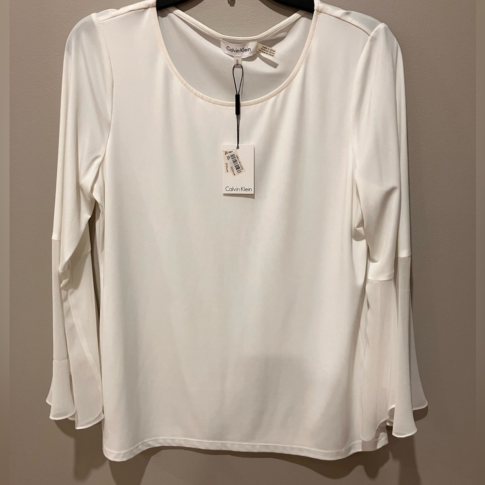 Calvin Klein White top with sheer sleeves